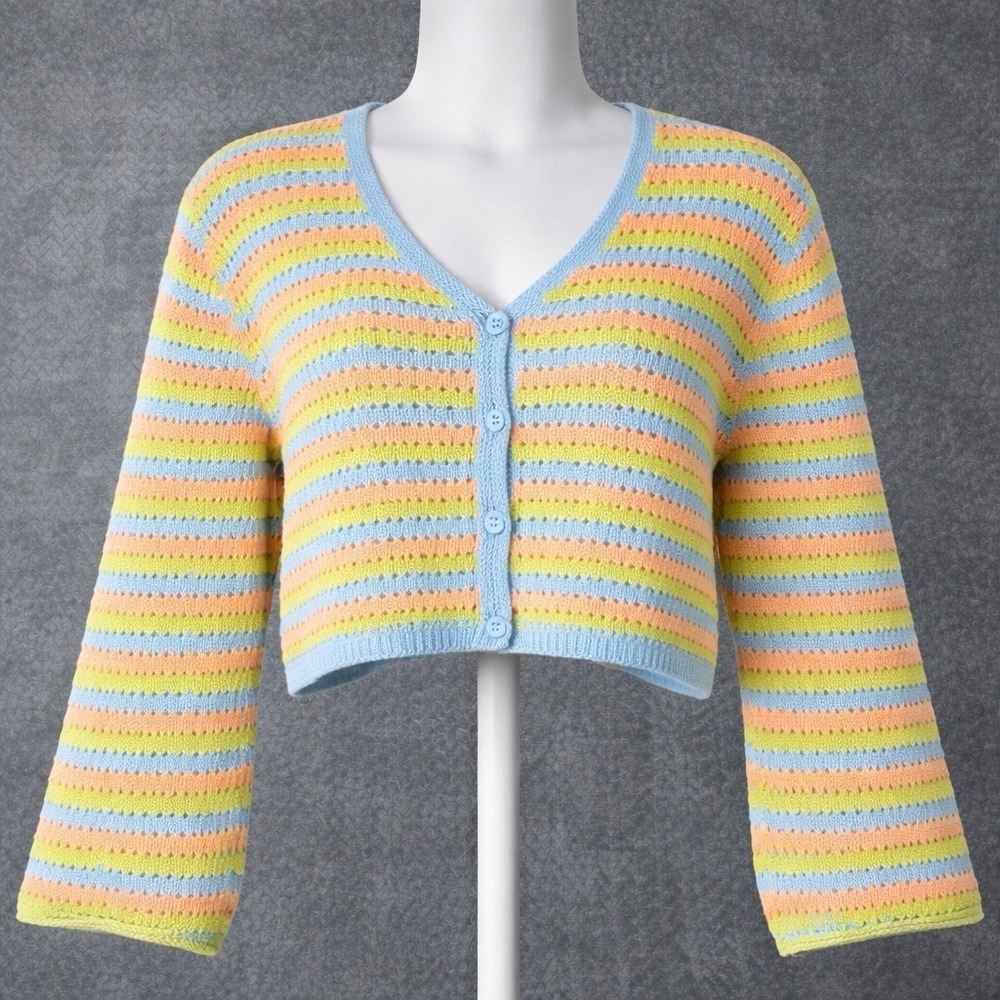 Time After Time Women's Cropped Cardigan Cotton Pastel Stripe Button Front Large
